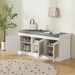 HOMCOM Shoe Storage Bench with Woven Rattan Doors, Seat - White - 9