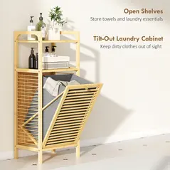 HOMCOM Bamboo Laundry Cabinet with Slatted Door, Bathroom Cabinet with Tilt-Out Hamper and Removable Liner Bag, 40 x 30D x 95 cm, Natural Wood Finish - 4