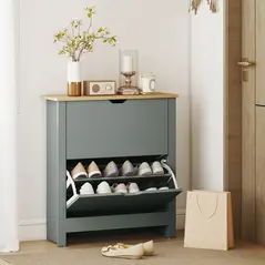 HOMCOM Slim Shoe Cabinet, Narrow Shoe Cupboard with 2 Flip Drawers, Adjustable Shelves for 12 Pairs of Shoes, Light Grey - 8
