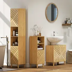 HOMCOM Bamboo Bathroom Under Sink Cabinet with Adjustable Shelf for Basin without Pedestal - Natural - 8