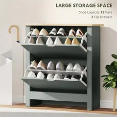 HOMCOM Slim Shoe Cabinet, Narrow Shoe Cupboard with 2 Flip Drawers, Adjustable Shelves for 12 Pairs of Shoes, Light Grey - 4