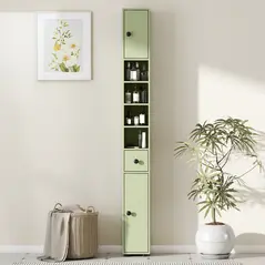 kleankin 180cm Slim Bathroom Cabinet, with Drawer, Shelves and Cupboards - Green - 8