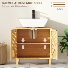 HOMCOM Bamboo Bathroom Under Sink Cabinet with Adjustable Shelf for Basin without Pedestal - Natural - 6