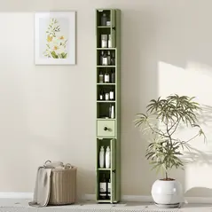 kleankin 180cm Slim Bathroom Cabinet, with Drawer, Shelves and Cupboards - Green - 7