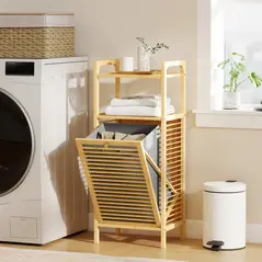HOMCOM Bamboo Laundry Cabinet with Slatted Door, Bathroom Cabinet with Tilt-Out Hamper and Removable Liner Bag, 40 x 30D x 95 cm, Natural Wood Finish - 2