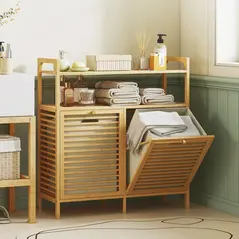 HOMCOM Double Tilt Out Bamboo Laundry Cabinet, Freestanding Bathroom Cabinet with 2 Removable Baskets, Natural - 2