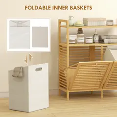 HOMCOM Double Tilt Out Bamboo Laundry Cabinet, Freestanding Bathroom Cabinet with 2 Removable Baskets, Natural - 5