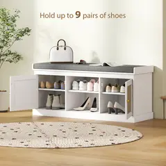 HOMCOM Boho Shoe Storage Bench with Padded Cushion and Rattan Doors - White - 6