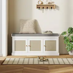 HOMCOM Shoe Storage Bench with Woven Rattan Doors, Seat - White - 8