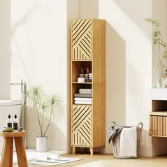 HOMCOM Multi-Storage Bamboo Door Bathroom Cabinet - Natural Finish - 2