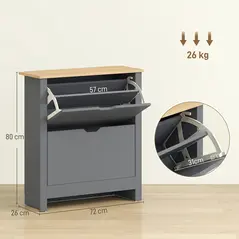 HOMCOM Slim Shoe Cabinet, Narrow Shoe Cupboard with 2 Flip Drawers, Adjustable Shelves for 12 Pairs of Shoes, Charcoal Grey - 3