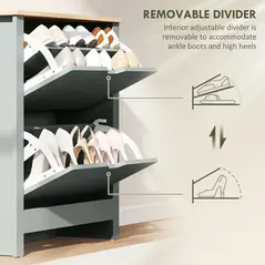 HOMCOM Slim Shoe Cabinet, Narrow Shoe Cupboard with 2 Flip Drawers, Adjustable Shelves for 12 Pairs of Shoes, Light Grey - 6