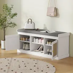 HOMCOM Boho Shoe Storage Bench with Padded Cushion and Rattan Doors - White - 8