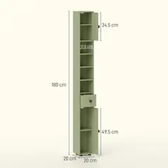 kleankin 180cm Slim Bathroom Cabinet, with Drawer, Shelves and Cupboards - Green - 3