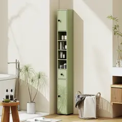 kleankin 180cm Slim Bathroom Cabinet, with Drawer, Shelves and Cupboards - Green - 2