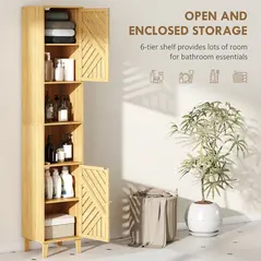 HOMCOM Multi-Storage Bamboo Door Bathroom Cabinet - Natural Finish - 4