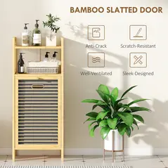 HOMCOM Bamboo Laundry Cabinet with Slatted Door, Bathroom Cabinet with Tilt-Out Hamper and Removable Liner Bag, 40 x 30D x 95 cm, Natural Wood Finish - 6