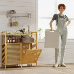 HOMCOM Double Tilt Out Bamboo Laundry Cabinet, Freestanding Bathroom Cabinet with 2 Removable Baskets, Natural - 9