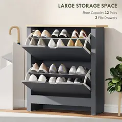 HOMCOM Slim Shoe Cabinet, Narrow Shoe Cupboard with 2 Flip Drawers, Adjustable Shelves for 12 Pairs of Shoes, Charcoal Grey - 4