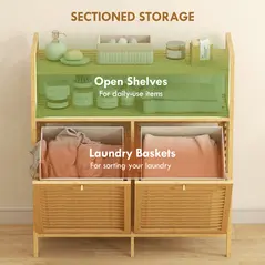 HOMCOM Double Tilt Out Bamboo Laundry Cabinet, Freestanding Bathroom Cabinet with 2 Removable Baskets, Natural - 4