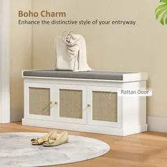 HOMCOM Shoe Storage Bench with Woven Rattan Doors, Seat - White - 4