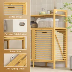 HOMCOM Double Tilt Out Bamboo Laundry Cabinet, Freestanding Bathroom Cabinet with 2 Removable Baskets, Natural - 7