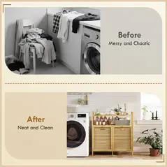 HOMCOM Double Tilt Out Bamboo Laundry Cabinet, Freestanding Bathroom Cabinet with 2 Removable Baskets, Natural - 8