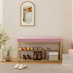 HOMCOM Bench and Shoe Storage, Tufted Shoe Storage Bench with Velvet Seat Cushion Gold Steel Frame for Entryway, Pink - 8