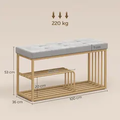 HOMCOM Bench and Shoe Storage, Tufted Shoe Storage Bench with Velvet Seat Cushion Gold Steel Frame for Entryway, Grey - 3