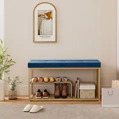 HOMCOM Bench and Shoe Storage, Tufted Shoe Storage Bench with Velvet Seat Cushion Gold Steel Frame for Entryway, Dark Blue - 8