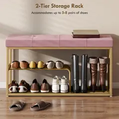 HOMCOM Bench and Shoe Storage, Tufted Shoe Storage Bench with Velvet Seat Cushion Gold Steel Frame for Entryway, Pink - 6