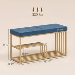 HOMCOM Bench and Shoe Storage, Tufted Shoe Storage Bench with Velvet Seat Cushion Gold Steel Frame for Entryway, Dark Blue - 3