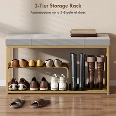 HOMCOM Bench and Shoe Storage, Tufted Shoe Storage Bench with Velvet Seat Cushion Gold Steel Frame for Entryway, Grey - 6