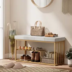 HOMCOM Bench and Shoe Storage, Tufted Shoe Storage Bench with Velvet Seat Cushion Gold Steel Frame for Entryway, Grey - 2