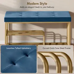 HOMCOM Bench and Shoe Storage, Tufted Shoe Storage Bench with Velvet Seat Cushion Gold Steel Frame for Entryway, Dark Blue - 4