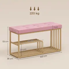 HOMCOM Bench and Shoe Storage, Tufted Shoe Storage Bench with Velvet Seat Cushion Gold Steel Frame for Entryway, Pink - 3