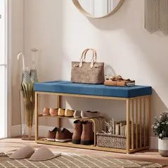 HOMCOM Bench and Shoe Storage, Tufted Shoe Storage Bench with Velvet Seat Cushion Gold Steel Frame for Entryway, Dark Blue - 2
