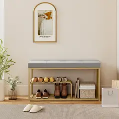 HOMCOM Bench and Shoe Storage, Tufted Shoe Storage Bench with Velvet Seat Cushion Gold Steel Frame for Entryway, Grey - 8