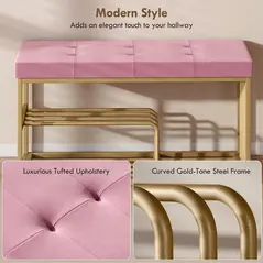 HOMCOM Bench and Shoe Storage, Tufted Shoe Storage Bench with Velvet Seat Cushion Gold Steel Frame for Entryway, Pink - 4