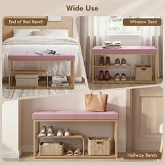 HOMCOM Bench and Shoe Storage, Tufted Shoe Storage Bench with Velvet Seat Cushion Gold Steel Frame for Entryway, Pink - 7