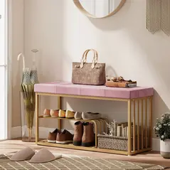 HOMCOM Bench and Shoe Storage, Tufted Shoe Storage Bench with Velvet Seat Cushion Gold Steel Frame for Entryway, Pink - 2