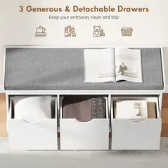 HOMCOM 3-Drawer Padded Shoe Bench with Breathable & Washable Linen-look Cover, White - 6