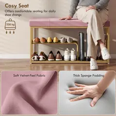 HOMCOM Bench and Shoe Storage, Tufted Shoe Storage Bench with Velvet Seat Cushion Gold Steel Frame for Entryway, Pink - 5