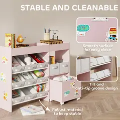 AIYAPLAY Kids Toy Storage Unit with 11 Bins, Cabinet, Top Shelves, 3 Stickers, for Nursery, Playroom, Pink - 5