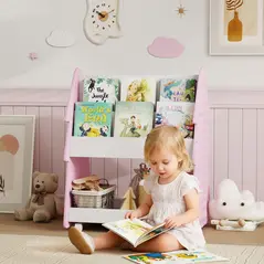 AIYAPLAY Kids Bookshelf with Toy Storage, Double-Sided Bookcase with Wheels, 3 Tier Kids Book Rack for Bedroom, Pink - 2