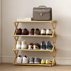 HOMCOM Four-Tier Folding Bamboo Shoe Rack - Natural Finish - 9