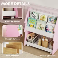 AIYAPLAY Kids Bookshelf with Toy Storage, Double-Sided Bookcase with Wheels, 3 Tier Kids Book Rack for Bedroom, Pink - 7
