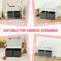AIYAPLAY 3 in 1 Kids Storage Bench, Convertible Children Table and Chair Set with 2 Fabric Bins, Toy Storage Box, White - 6