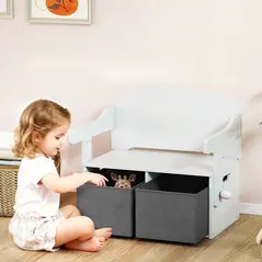 AIYAPLAY 3 in 1 Kids Storage Bench, Convertible Children Table and Chair Set with 2 Fabric Bins, Toy Storage Box, White - 2