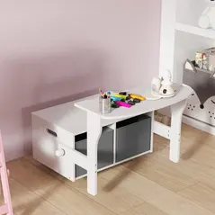 AIYAPLAY 3 in 1 Kids Storage Bench, Convertible Children Table and Chair Set with 2 Fabric Bins, Toy Storage Box, White - 9